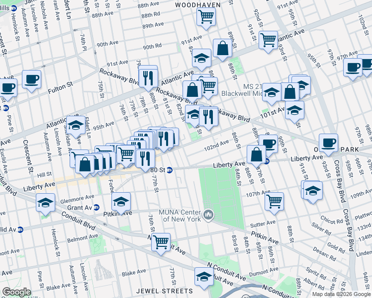 map of restaurants, bars, coffee shops, grocery stores, and more near 81-06 102nd Avenue in Queens