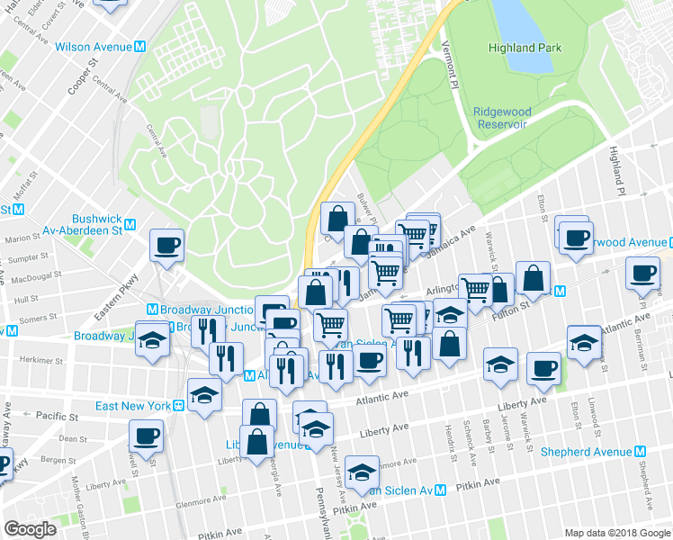 map of restaurants, bars, coffee shops, grocery stores, and more near 12/10 Vermont Street in Brooklyn