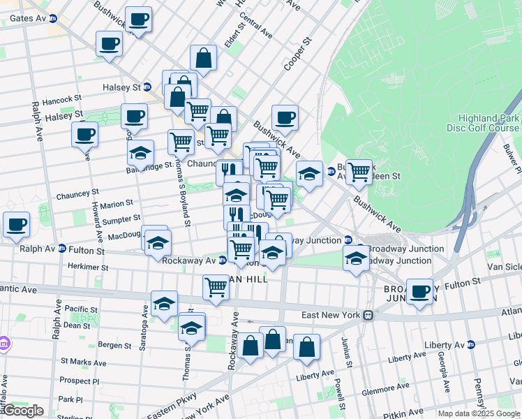 map of restaurants, bars, coffee shops, grocery stores, and more near 183 Hull Street in Brooklyn