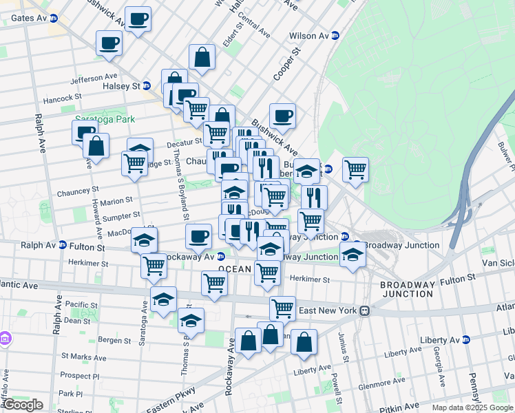 map of restaurants, bars, coffee shops, grocery stores, and more near 183 Hull Street in Brooklyn