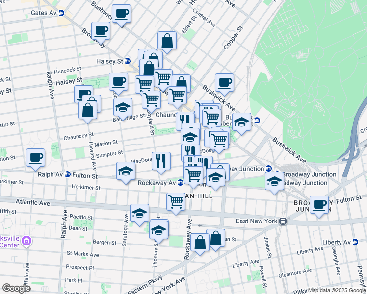 map of restaurants, bars, coffee shops, grocery stores, and more near 87 Rockaway Avenue in Brooklyn