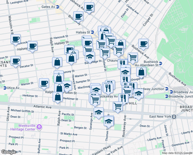 map of restaurants, bars, coffee shops, grocery stores, and more near 151 Macdougal Street in Brooklyn