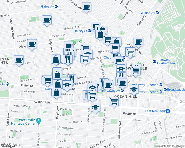 map of restaurants, bars, coffee shops, grocery stores, and more near 151 Macdougal Street in Brooklyn