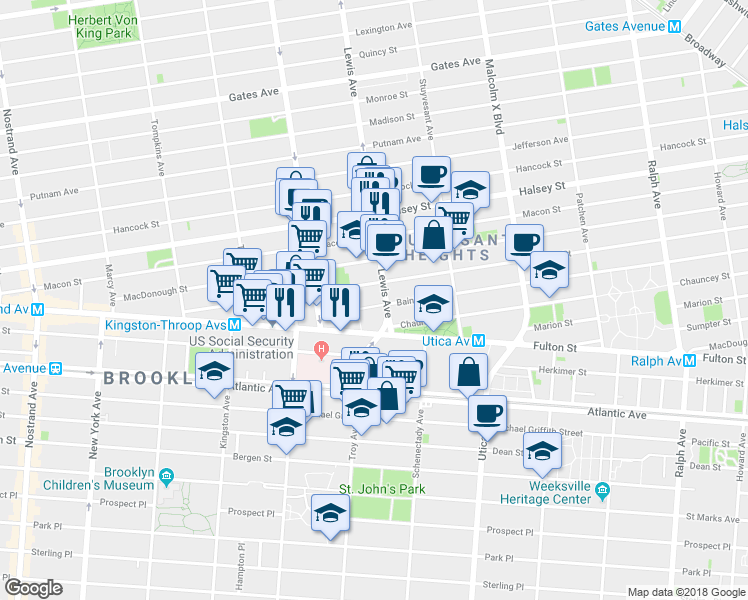 map of restaurants, bars, coffee shops, grocery stores, and more near 440 Lewis Avenue in Brooklyn