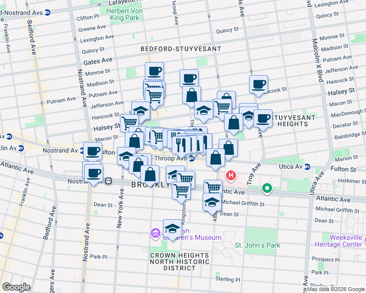 map of restaurants, bars, coffee shops, grocery stores, and more near 1496 Fulton Street in Brooklyn