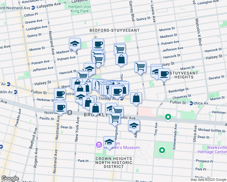 map of restaurants, bars, coffee shops, grocery stores, and more near 1471 Fulton Street in Brooklyn