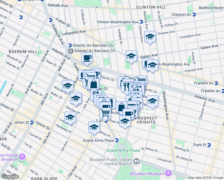 map of restaurants, bars, coffee shops, grocery stores, and more near 565 Bergen Street in Brooklyn