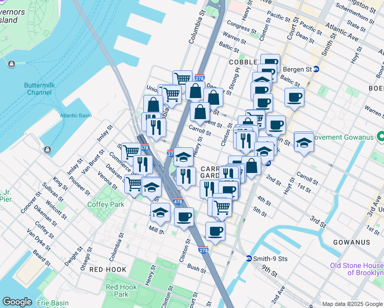 map of restaurants, bars, coffee shops, grocery stores, and more near 619 Henry Street in Brooklyn