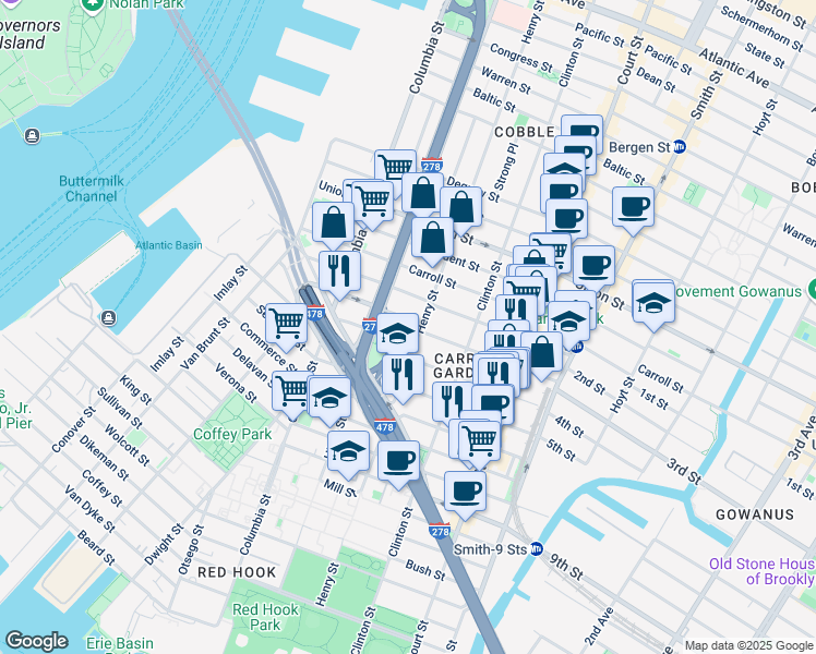 map of restaurants, bars, coffee shops, grocery stores, and more near 619 Henry Street in Brooklyn
