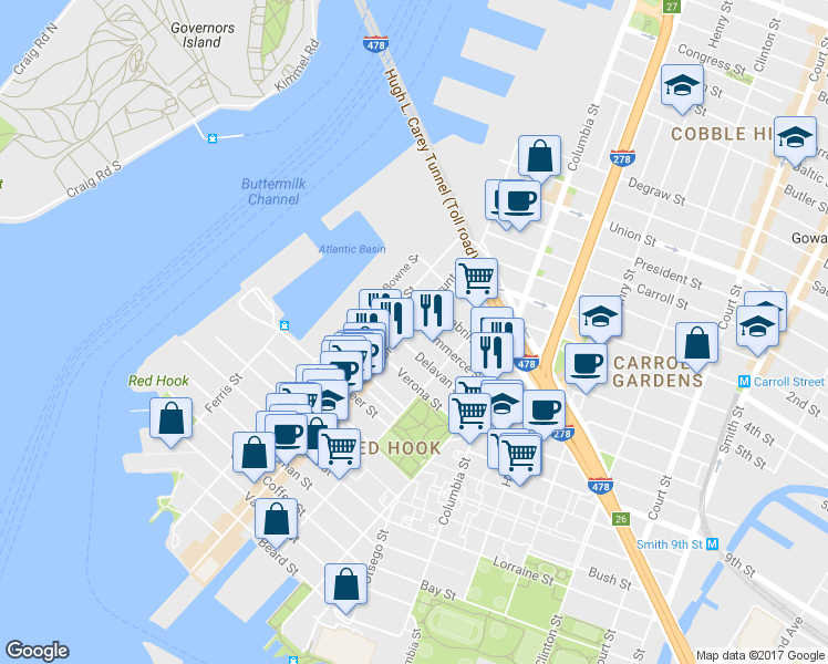 map of restaurants, bars, coffee shops, grocery stores, and more near 50 Delavan Street in Brooklyn
