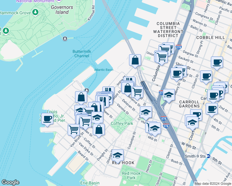 map of restaurants, bars, coffee shops, grocery stores, and more near 276 Van Brunt Street in Brooklyn