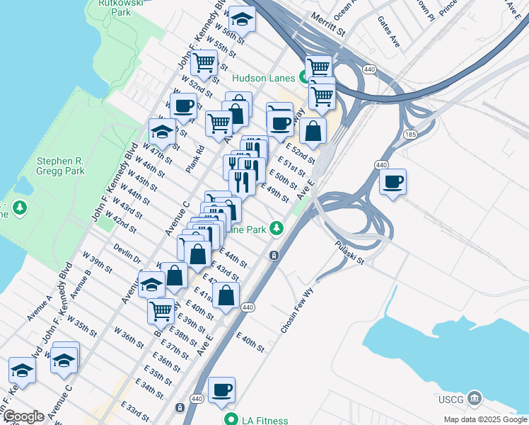 map of restaurants, bars, coffee shops, grocery stores, and more near 27 East 46th Street in Bayonne