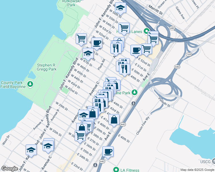 map of restaurants, bars, coffee shops, grocery stores, and more near 24 West 45th Street in Bayonne