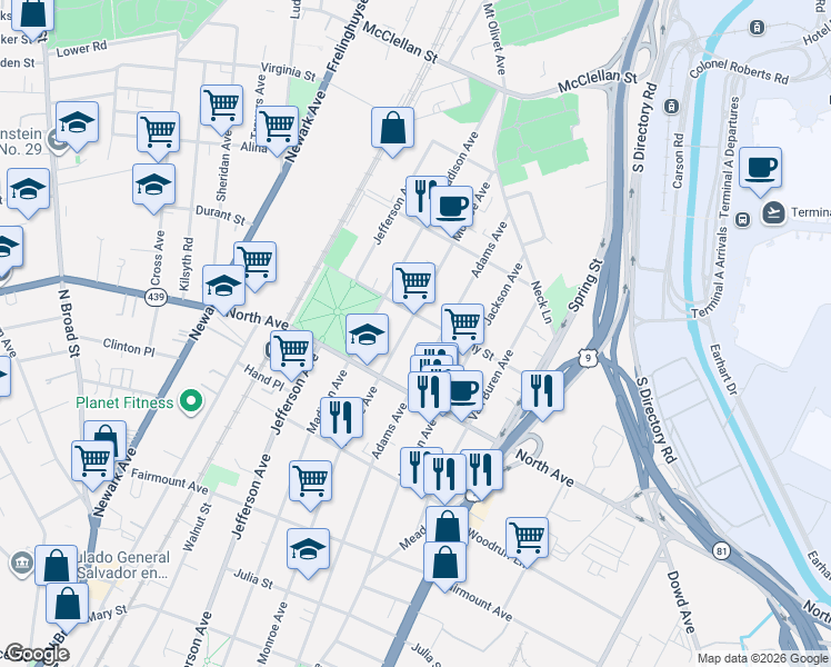 map of restaurants, bars, coffee shops, grocery stores, and more near 834 Adams Avenue in Elizabeth