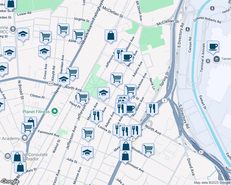 map of restaurants, bars, coffee shops, grocery stores, and more near 834 Adams Avenue in Elizabeth