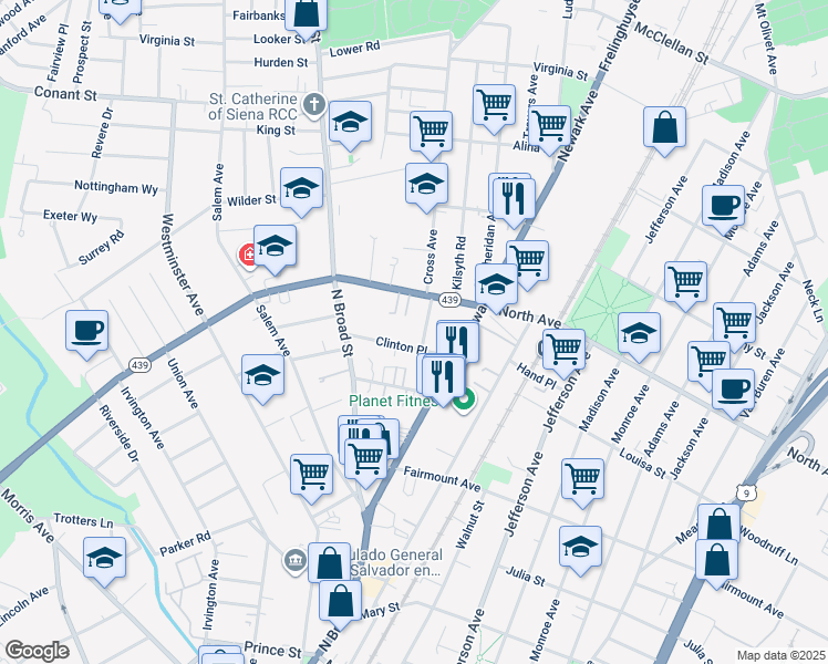map of restaurants, bars, coffee shops, grocery stores, and more near 1252 Clinton Place in Elizabeth