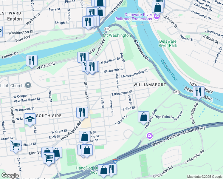 map of restaurants, bars, coffee shops, grocery stores, and more near 111 East Kleinhans Street in Easton