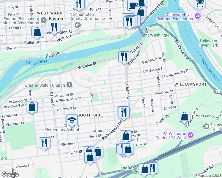 map of restaurants, bars, coffee shops, grocery stores, and more near 423 Davis Street in Easton