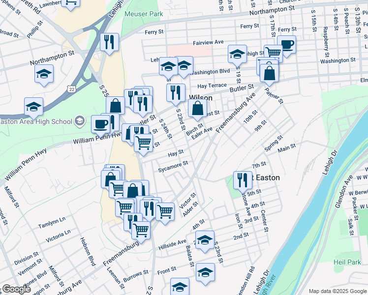 map of restaurants, bars, coffee shops, grocery stores, and more near 2307 Sycamore Street in Easton
