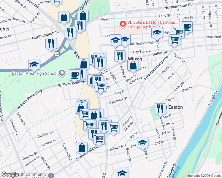 map of restaurants, bars, coffee shops, grocery stores, and more near 2465 Hay Street in Easton