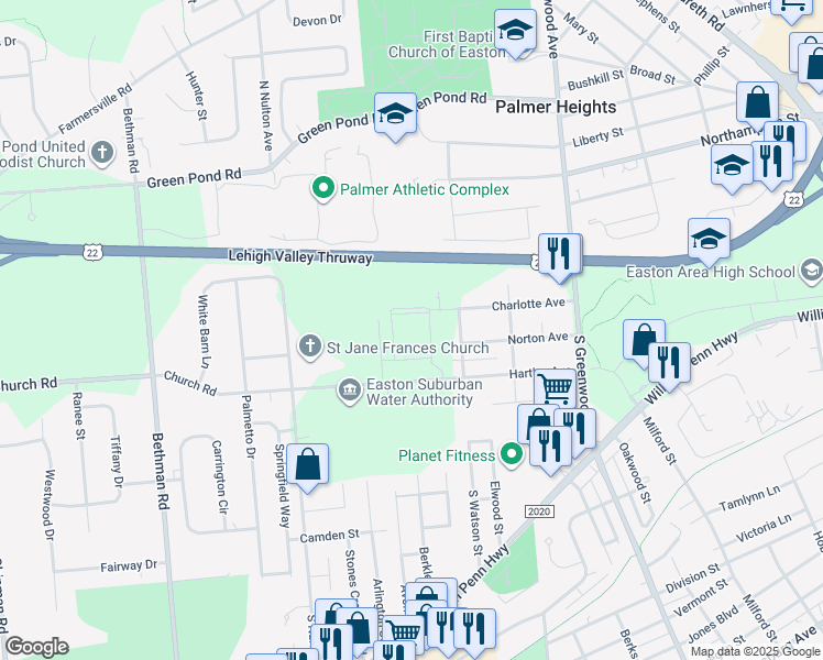 map of restaurants, bars, coffee shops, grocery stores, and more near 3667-4049 Hartley Avenue in Easton