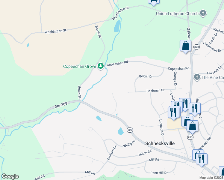 map of restaurants, bars, coffee shops, grocery stores, and more near 5315 Pennsylvania 309 in Schnecksville