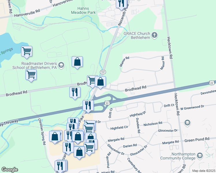 map of restaurants, bars, coffee shops, grocery stores, and more near 3148 Brodhead Road in Bethlehem
