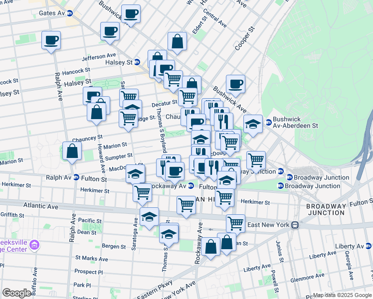 map of restaurants, bars, coffee shops, grocery stores, and more near 302 Sumpter Street in Brooklyn