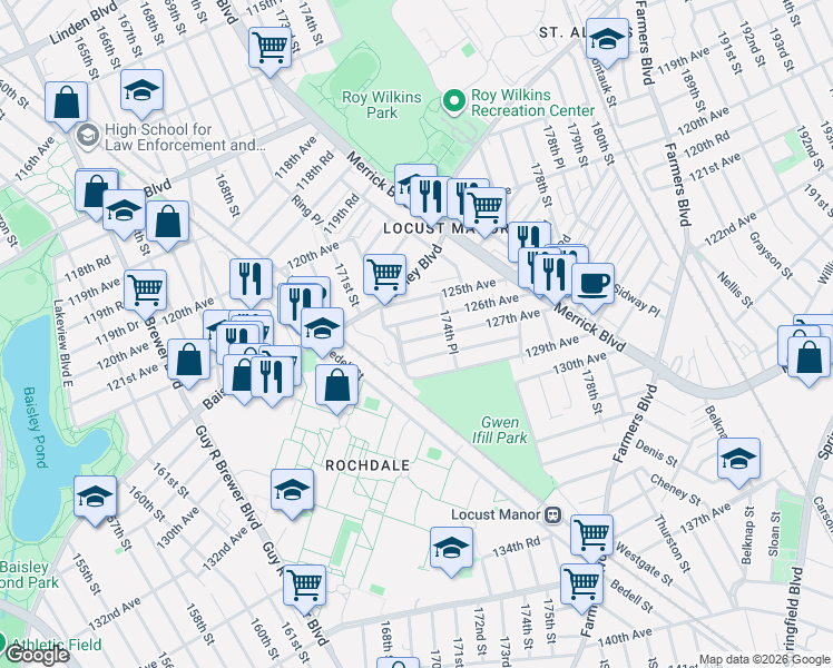 map of restaurants, bars, coffee shops, grocery stores, and more near 127-18 172nd Street in Queens