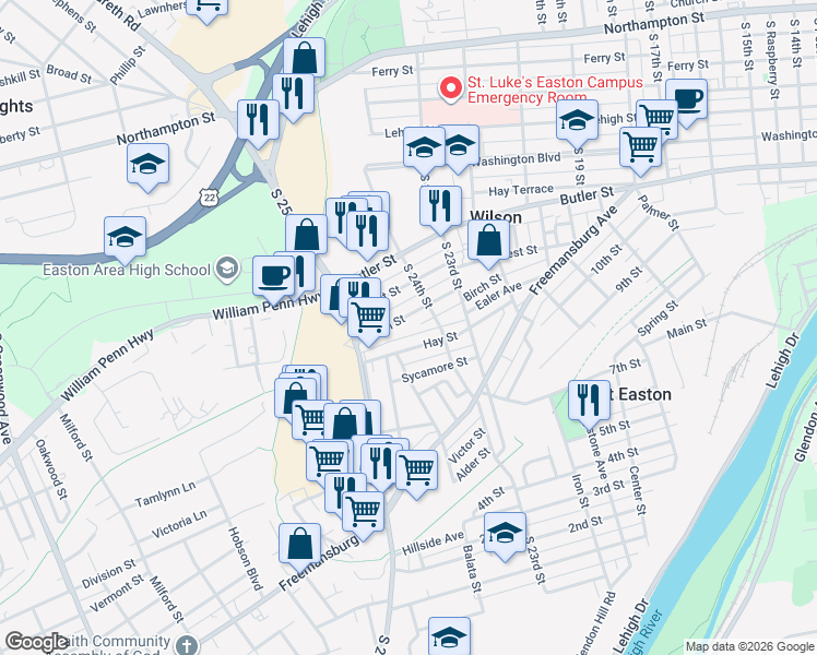 map of restaurants, bars, coffee shops, grocery stores, and more near 2465 Hay Street in Easton