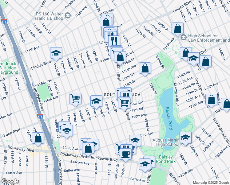 map of restaurants, bars, coffee shops, grocery stores, and more near 117-04 Sutphin Boulevard in Queens