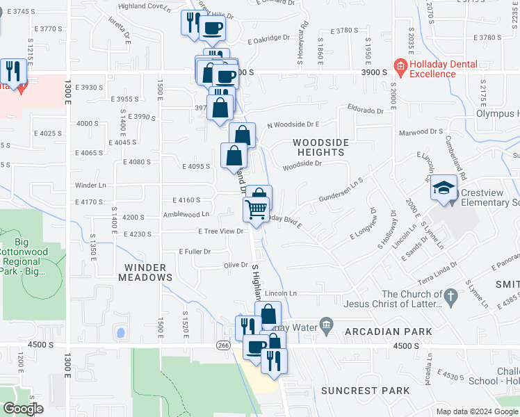 map of restaurants, bars, coffee shops, grocery stores, and more near 1741 Holladay Boulevard east in Holladay