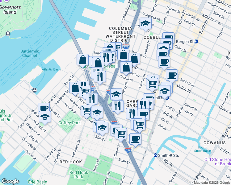map of restaurants, bars, coffee shops, grocery stores, and more near 70 Woodhull Street in Brooklyn