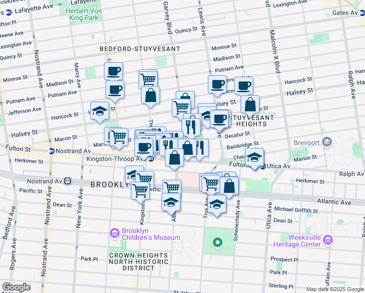 map of restaurants, bars, coffee shops, grocery stores, and more near 1583 Fulton Street in Brooklyn