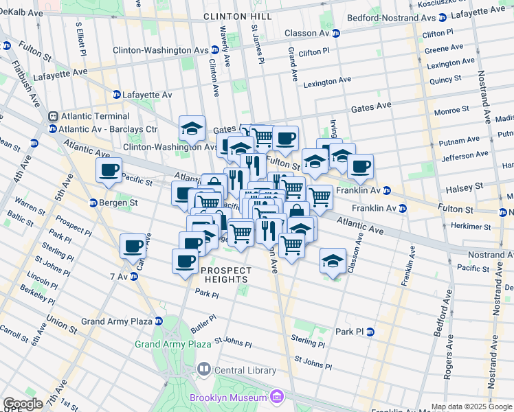 map of restaurants, bars, coffee shops, grocery stores, and more near 12 Underhill Avenue in Brooklyn