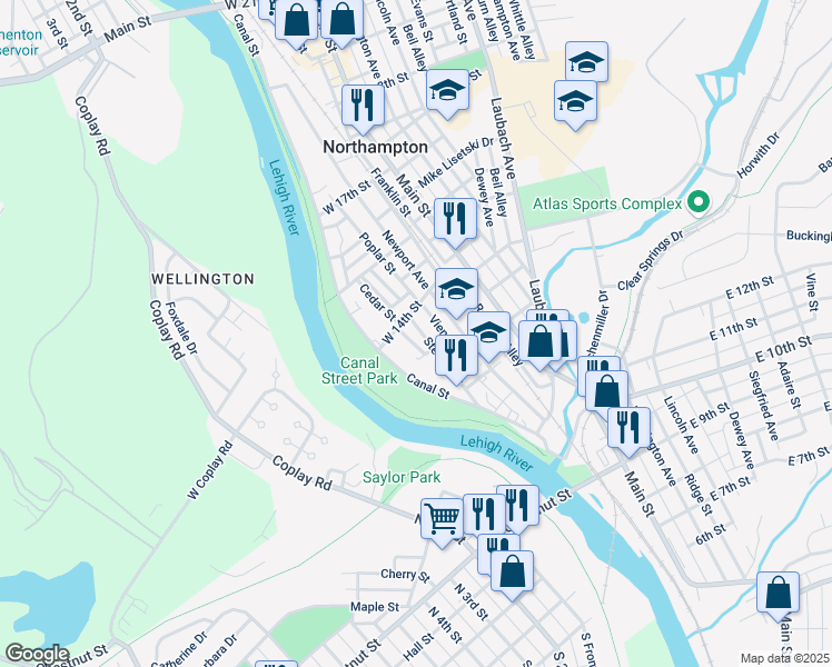 map of restaurants, bars, coffee shops, grocery stores, and more near 1388 Stewart Street in Northampton