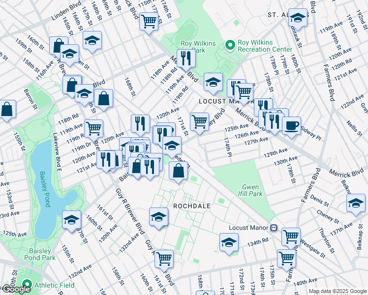 map of restaurants, bars, coffee shops, grocery stores, and more near 169-30 Baisley Boulevard in Queens