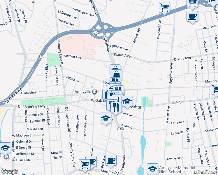 map of restaurants, bars, coffee shops, grocery stores, and more near 37 John Street in Amityville
