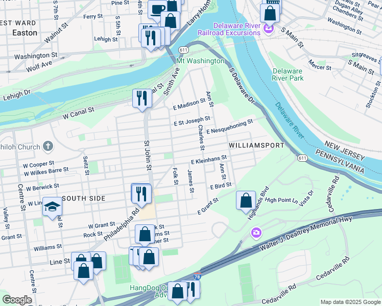 map of restaurants, bars, coffee shops, grocery stores, and more near 111 East Kleinhans Street in Easton