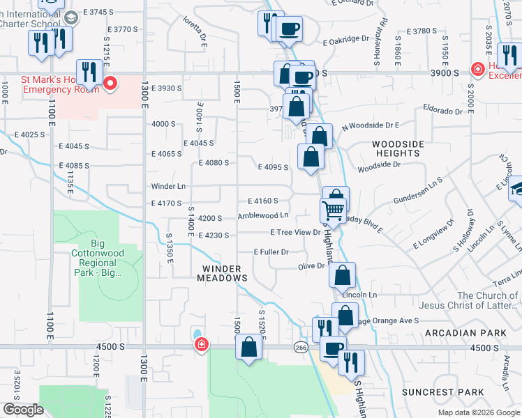 map of restaurants, bars, coffee shops, grocery stores, and more near 1550 East 4160 South in Salt Lake City