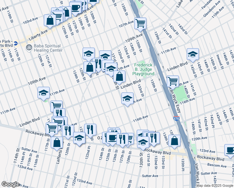 map of restaurants, bars, coffee shops, grocery stores, and more near 114-33 128th Street in Queens
