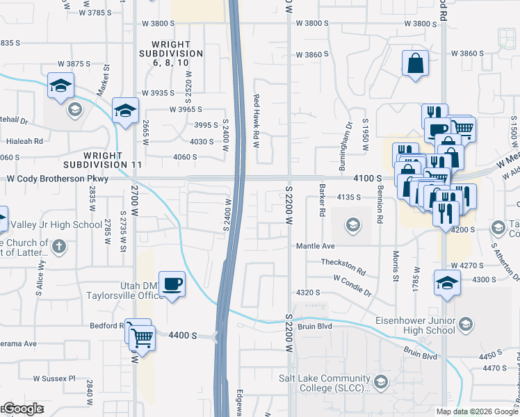 map of restaurants, bars, coffee shops, grocery stores, and more near 2332 West 4130 South in Salt Lake City