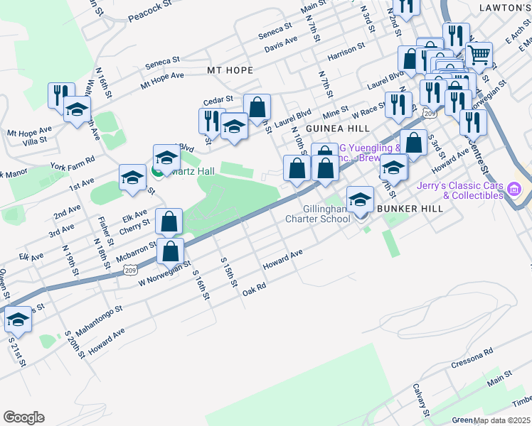 map of restaurants, bars, coffee shops, grocery stores, and more near 1305 West Market Street in Pottsville