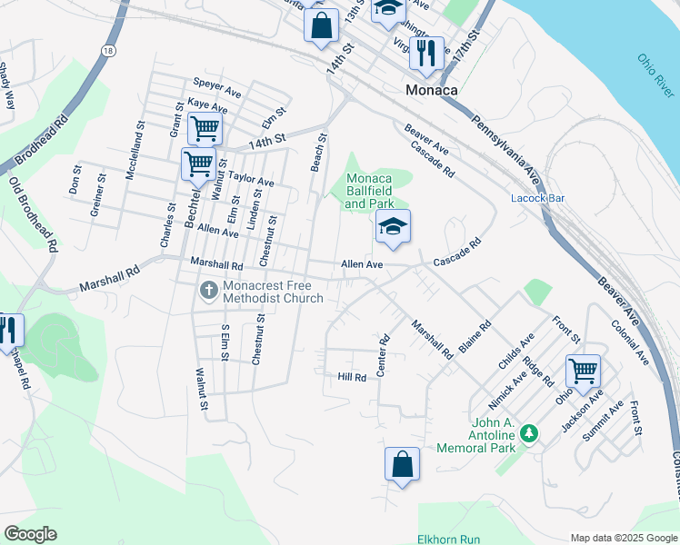map of restaurants, bars, coffee shops, grocery stores, and more near 1214 Ella Street in Monaca
