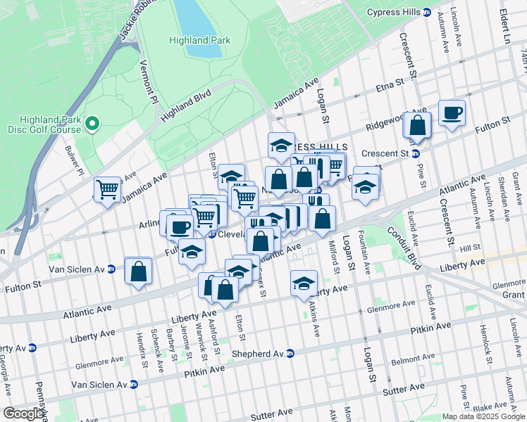 map of restaurants, bars, coffee shops, grocery stores, and more near 140 Shepherd Avenue in Brooklyn