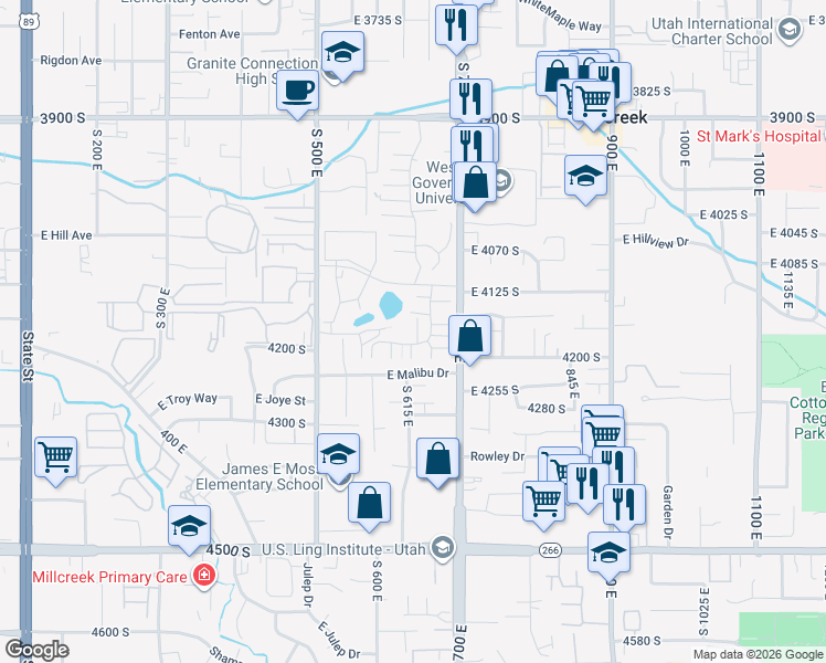 map of restaurants, bars, coffee shops, grocery stores, and more near 4143 South 635 East in Murray
