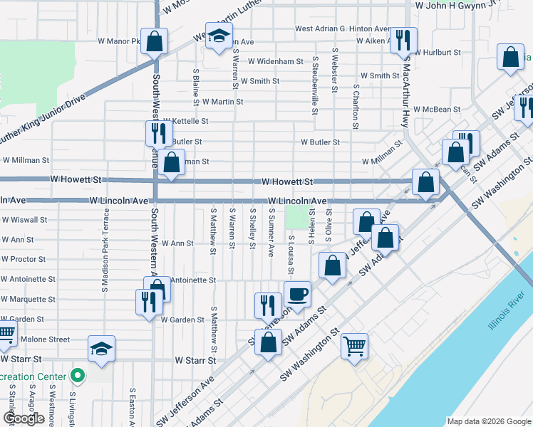 map of restaurants, bars, coffee shops, grocery stores, and more near 1499 West Lincoln Avenue in Peoria