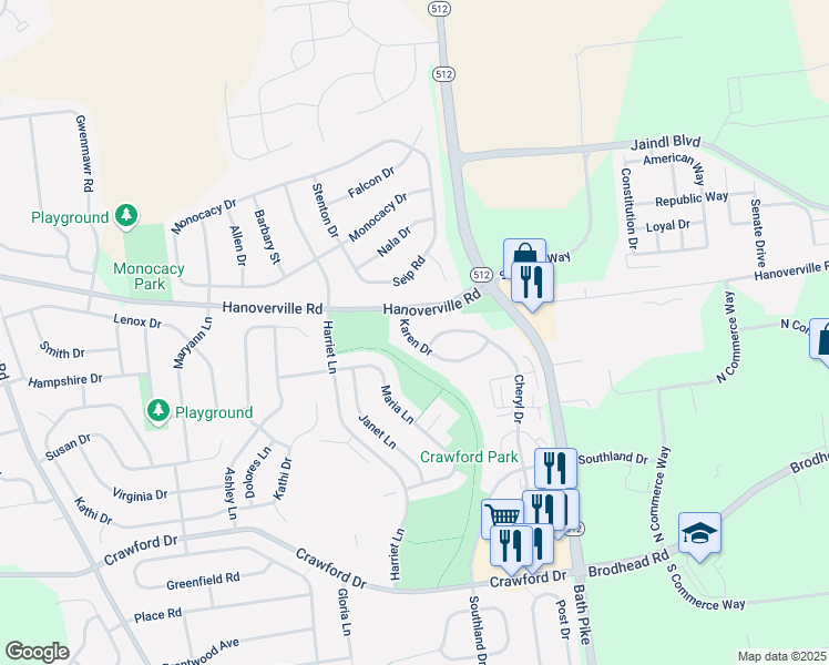 map of restaurants, bars, coffee shops, grocery stores, and more near 5565 Karen Drive in Bethlehem