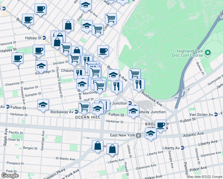 map of restaurants, bars, coffee shops, grocery stores, and more near Broadway & MacDougal St in Brooklyn