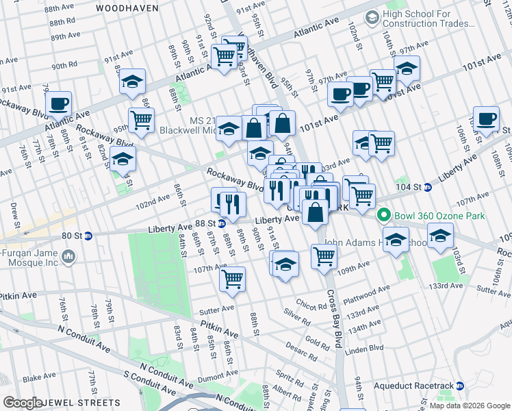 map of restaurants, bars, coffee shops, grocery stores, and more near 91-23 Rockaway Boulevard in Queens